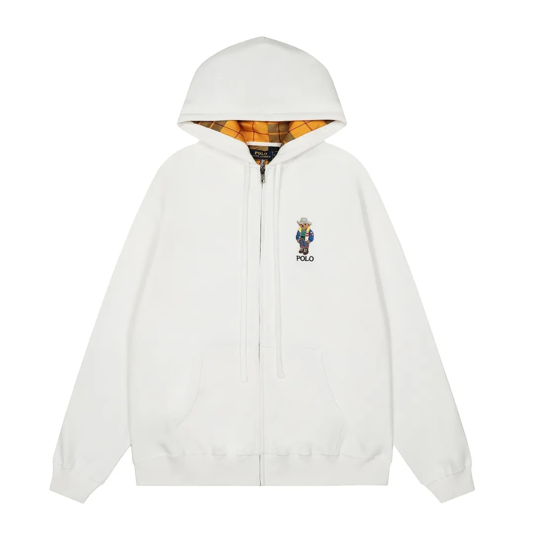 P290 Top Quality" Style Number: 8102# [Ralph Lauren Bear Full Zipper Hooded Autumn and Winter Jacket for Men and Women] ✅Ralph Lauren Simple Color Embroidered Bear Basic Classic Zipper Hooded Jacket ✅370g double-sided cotton heavy fabric Fabric texture version YYDS~ ✅Customized zipper Pure cotton hood rope Full body four-needle six-thread top-stitch design Quality restoration ✅Contrast color yarn-dyed plaid inside Add a little more color without losing the simple and basic style ✅The upper body is simple and easy to match, a must-have for ootd, a versatile style, recommended for couples to wear when traveling~ Size: S-XL Color: White Gray Navy